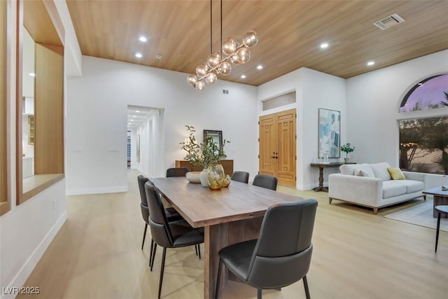 dining area with recessed lighting, wood ceiling, and light wood-style flooring