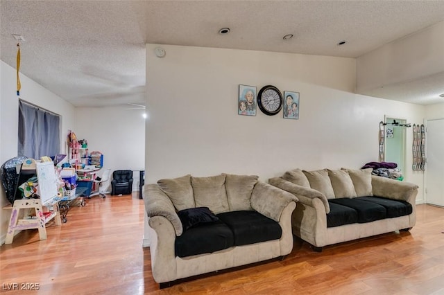 living room featuring a textured ceiling, light wood finished floors, and vaulted ceiling