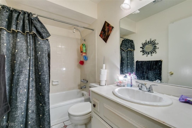 bathroom featuring toilet, shower / bathtub combination with curtain, and vanity