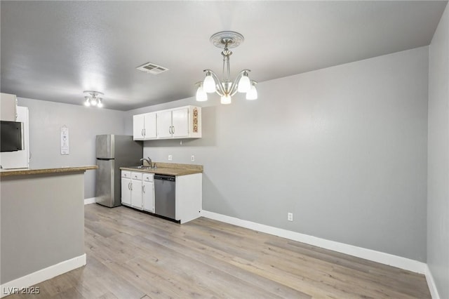 kitchen with baseboards, visible vents, white cabinets, appliances with stainless steel finishes, and a sink