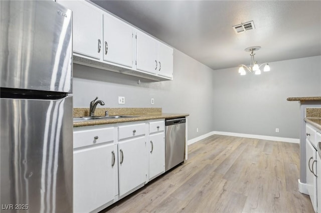 kitchen featuring visible vents, appliances with stainless steel finishes, light wood-style floors, white cabinets, and a sink