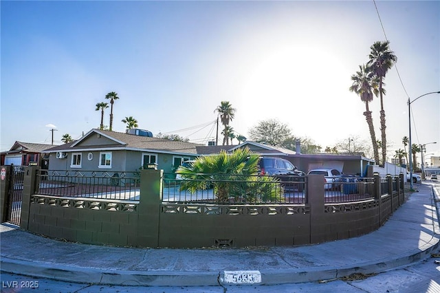 view of front facade featuring a fenced front yard and stucco siding