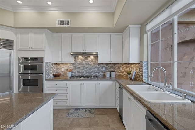 kitchen featuring visible vents, white cabinets, appliances with stainless steel finishes, under cabinet range hood, and a sink