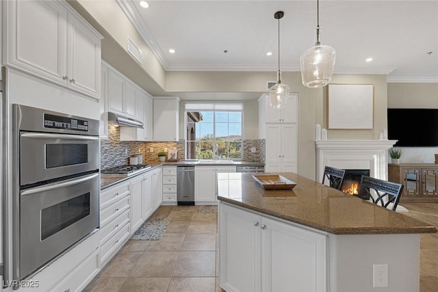 kitchen featuring white cabinetry, appliances with stainless steel finishes, decorative backsplash, and a lit fireplace