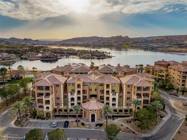 aerial view with a water and mountain view