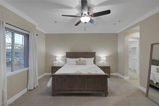 bedroom with light carpet, ceiling fan, baseboards, and crown molding