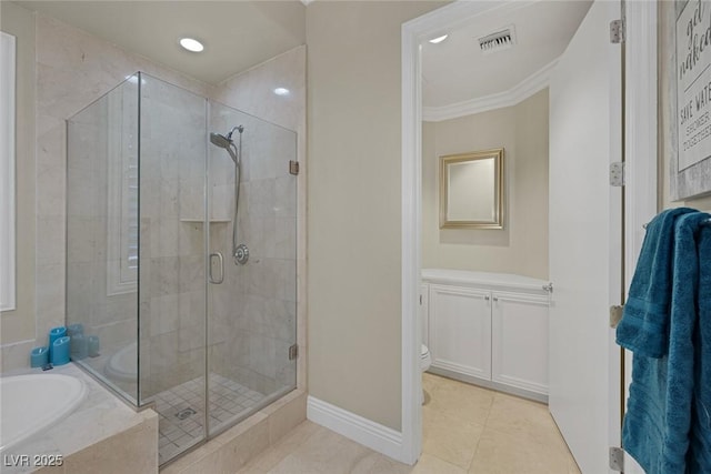 full bath featuring a stall shower, visible vents, ornamental molding, tile patterned floors, and a bath