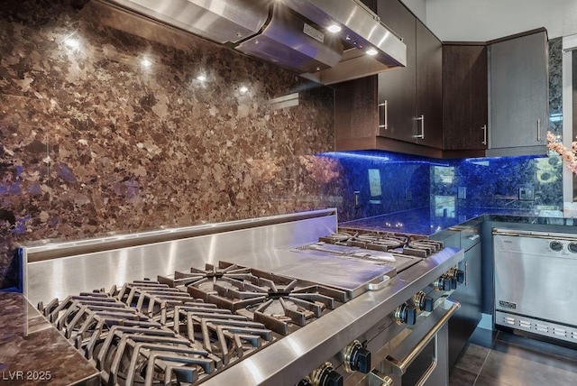 kitchen with stove, wall chimney range hood, backsplash, dishwasher, and dark countertops