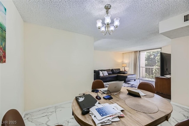 dining area featuring visible vents, baseboards, marble finish floor, a textured ceiling, and a notable chandelier