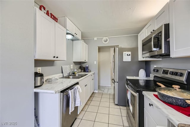 kitchen with white cabinetry, stainless steel appliances, a sink, and light countertops