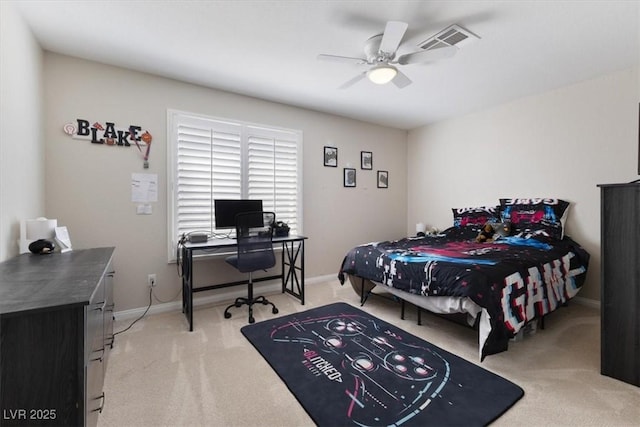 bedroom with carpet, visible vents, ceiling fan, and baseboards