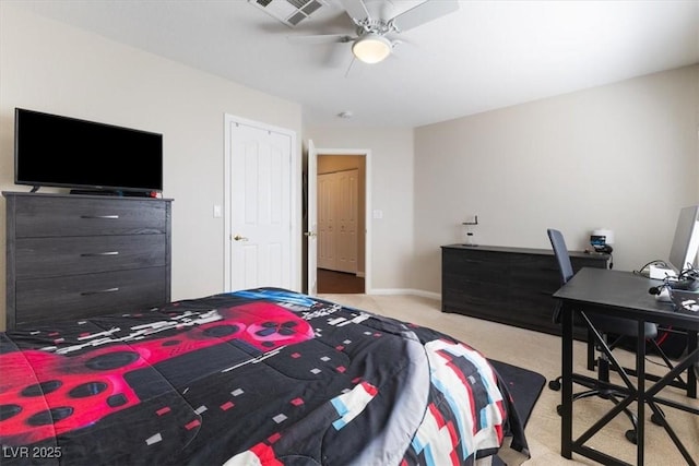 bedroom featuring a ceiling fan, carpet, visible vents, and baseboards