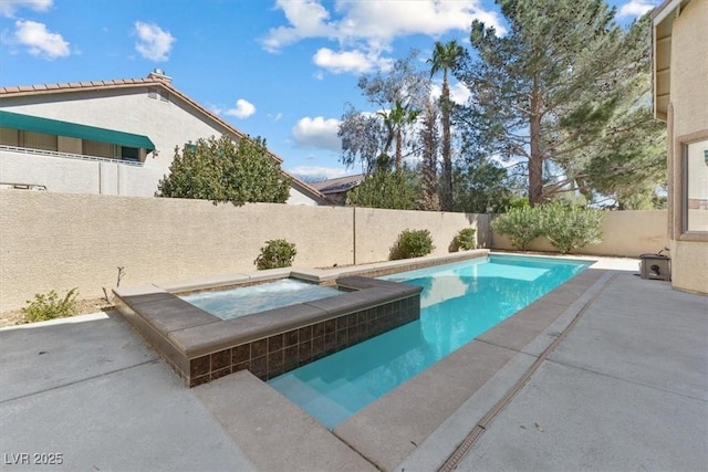 view of pool with a patio area, a fenced backyard, a fenced in pool, and an in ground hot tub