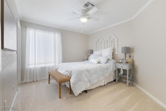 bedroom featuring light carpet, baseboards, visible vents, a ceiling fan, and crown molding