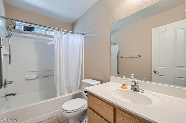 full bathroom with vanity, toilet, and shower / bath combo with shower curtain