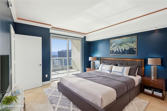 bedroom featuring access to exterior and ornamental molding