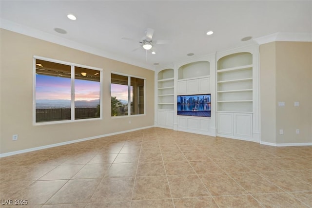 unfurnished living room with light tile patterned floors, a ceiling fan, baseboards, built in shelves, and recessed lighting