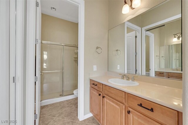 full bathroom with vanity, visible vents, a shower stall, tile patterned floors, and toilet