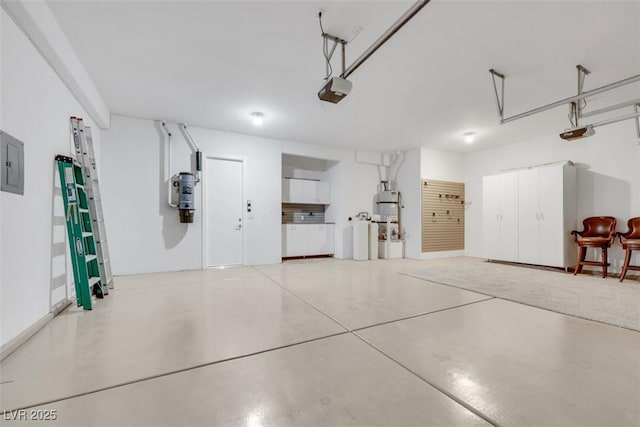 garage with electric panel, secured water heater, and a garage door opener