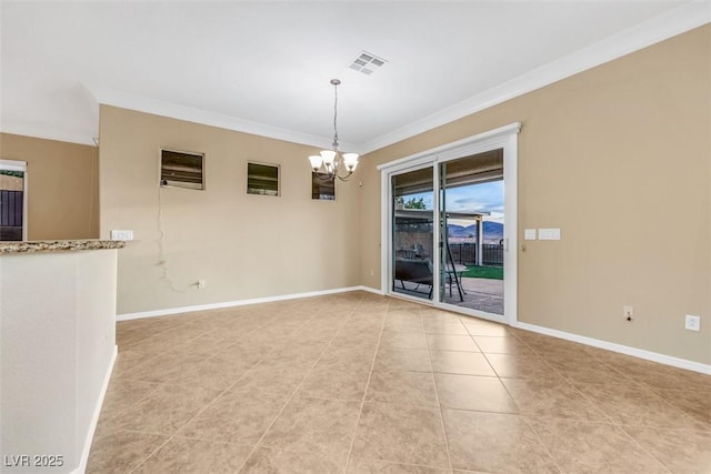 unfurnished room featuring an inviting chandelier, baseboards, visible vents, and ornamental molding