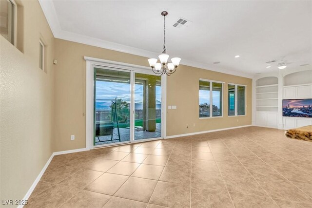 unfurnished living room with built in shelves, visible vents, baseboards, and light tile patterned floors