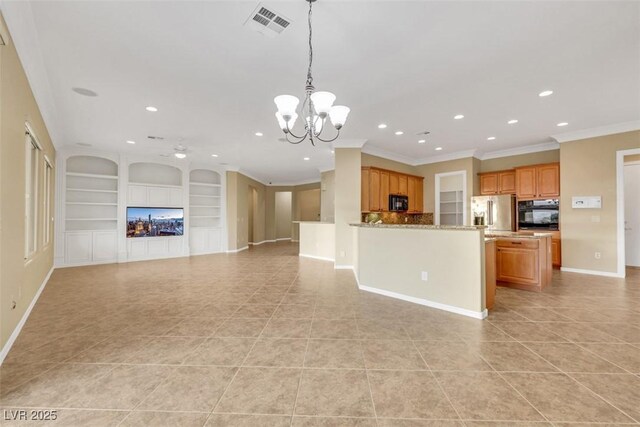 unfurnished living room featuring light tile patterned flooring, built in shelves, crown molding, and baseboards