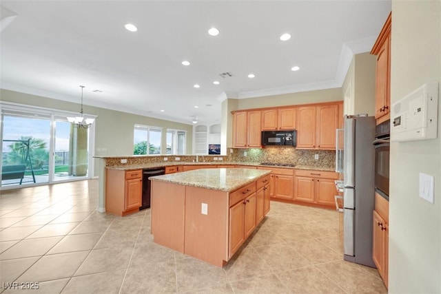 kitchen with backsplash, light stone countertops, ornamental molding, a peninsula, and black appliances