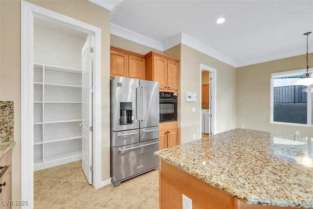 kitchen featuring light stone counters, light tile patterned floors, ornamental molding, oven, and high quality fridge