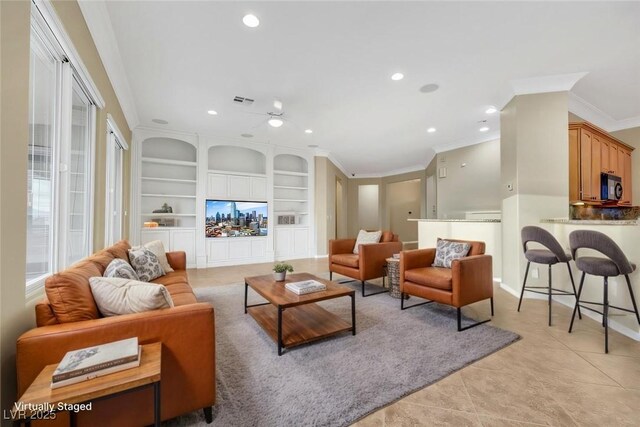 living area featuring visible vents, ornamental molding, built in features, recessed lighting, and light tile patterned flooring