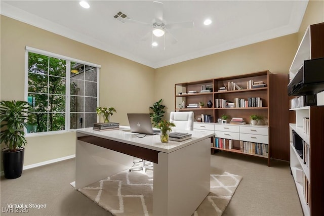 office with baseboards, visible vents, recessed lighting, ceiling fan, and light colored carpet