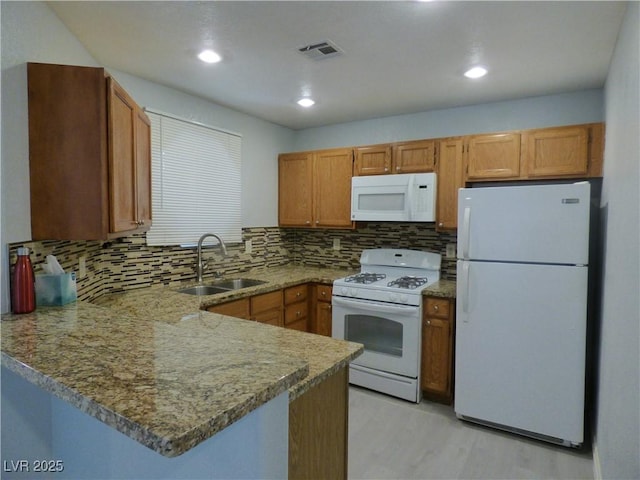 5044 S Rainbow Blvd Unit 106, Las Vegas, NV 89118 - kitchen featuring light wood finished floors, a sink, white appliances, a peninsula, and tasteful backsplash