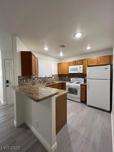 5044 S Rainbow Blvd Unit 106, Las Vegas, NV 89118 - kitchen with a peninsula, decorative backsplash, brown cabinets, and white appliances