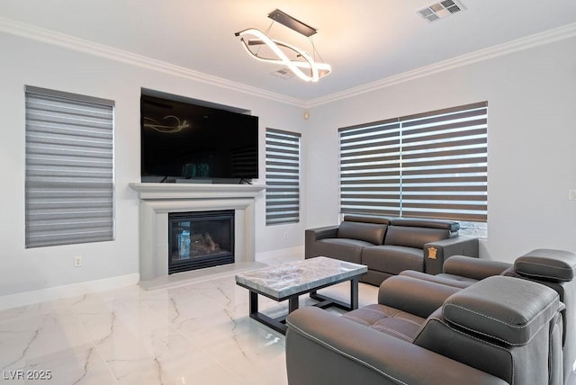 living area with a notable chandelier, visible vents, baseboards, marble finish floor, and ornamental molding