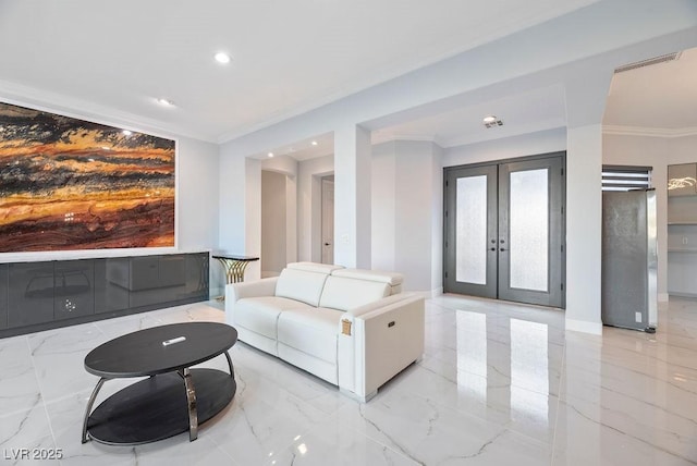 living room with baseboards, ornamental molding, marble finish floor, french doors, and recessed lighting