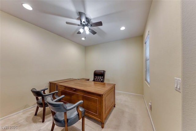 office with recessed lighting, ceiling fan, baseboards, and light colored carpet