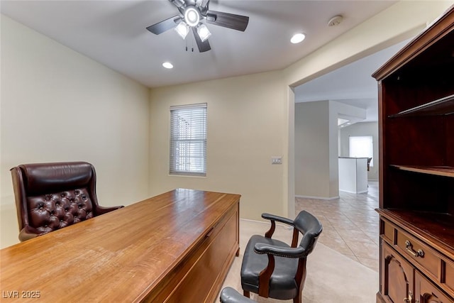 home office featuring light tile patterned floors, ceiling fan, baseboards, and recessed lighting