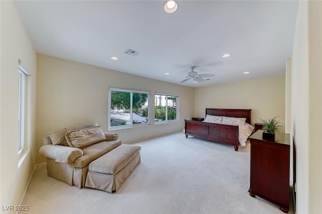 bedroom featuring recessed lighting, visible vents, light carpet, ceiling fan, and baseboards