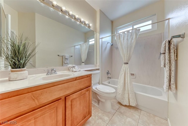 full bath featuring toilet, shower / bathtub combination with curtain, vanity, and tile patterned floors