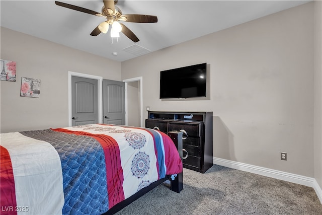 bedroom featuring a ceiling fan, carpet, visible vents, and baseboards