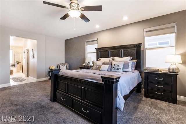 bedroom featuring recessed lighting, carpet flooring, ceiling fan, and baseboards