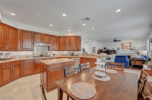 kitchen with under cabinet range hood, stainless steel appliances, a peninsula, a fireplace, and visible vents