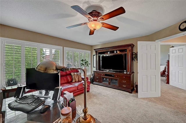 living room featuring carpet, ceiling fan, and a textured ceiling