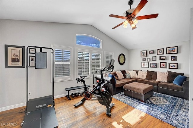 exercise area with lofted ceiling, wood finished floors, a ceiling fan, and baseboards