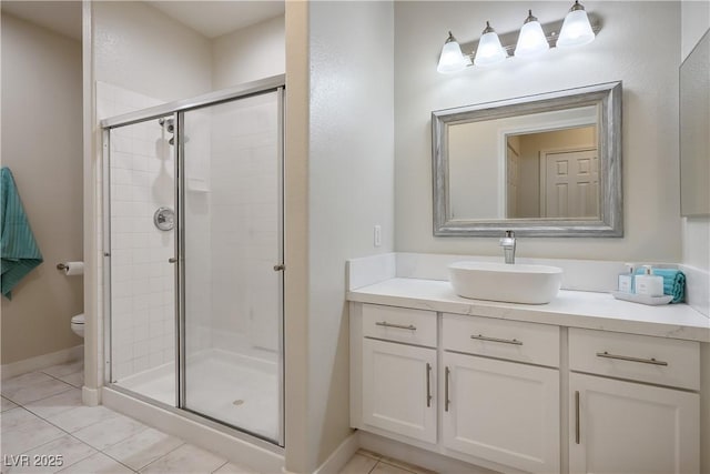 full bath featuring vanity, a shower stall, toilet, and tile patterned floors