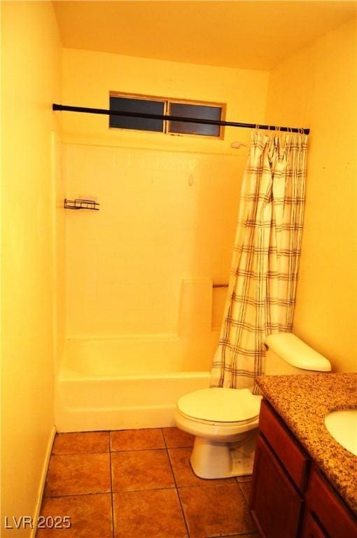 full bathroom featuring toilet, shower / bathtub combination with curtain, vanity, and tile patterned floors