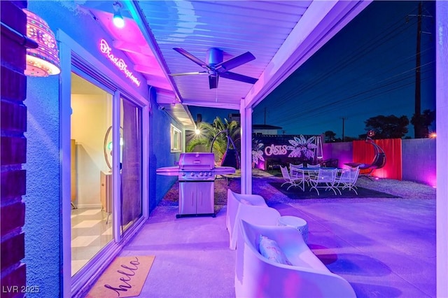 view of patio / terrace with outdoor dining area, fence, area for grilling, and ceiling fan