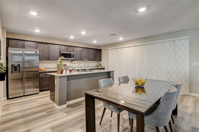 kitchen featuring dark brown cabinetry, light wood finished floors, a center island with sink, stainless steel appliances, and a sink