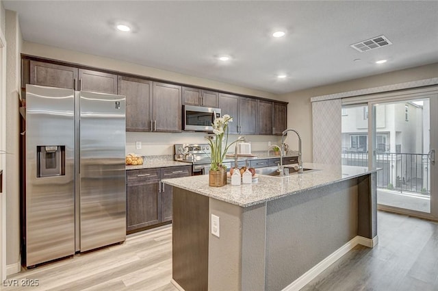 kitchen with dark brown cabinetry, visible vents, appliances with stainless steel finishes, and a sink