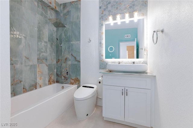 bathroom with bathtub / shower combination, toilet, a textured wall, vanity, and visible vents