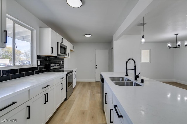 kitchen featuring visible vents, light wood-style flooring, a sink, stainless steel appliances, and backsplash